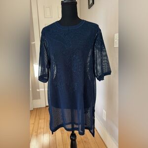 Sweaty Betty blue mesh embroidered short sleeve tee top swim coverup women M